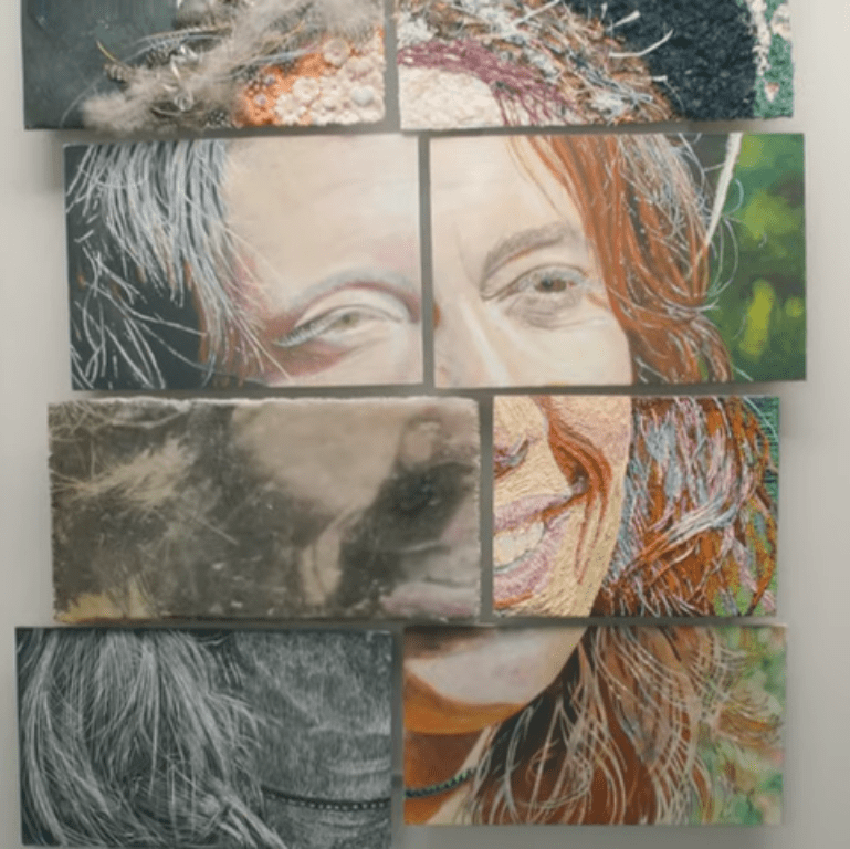 Painting of a woman's face created by eight artists who combined eight panels using contrasting, diverse techniques to produce a single but multifaceted image.