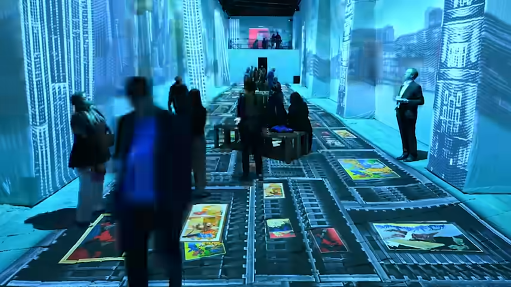 Spectators watch in wonder as the artworks of legendary artist Maqbool Fida Husain seem to come to life through moving images and sound, in an immersive show at the Kiran Nadar Museum of Art.