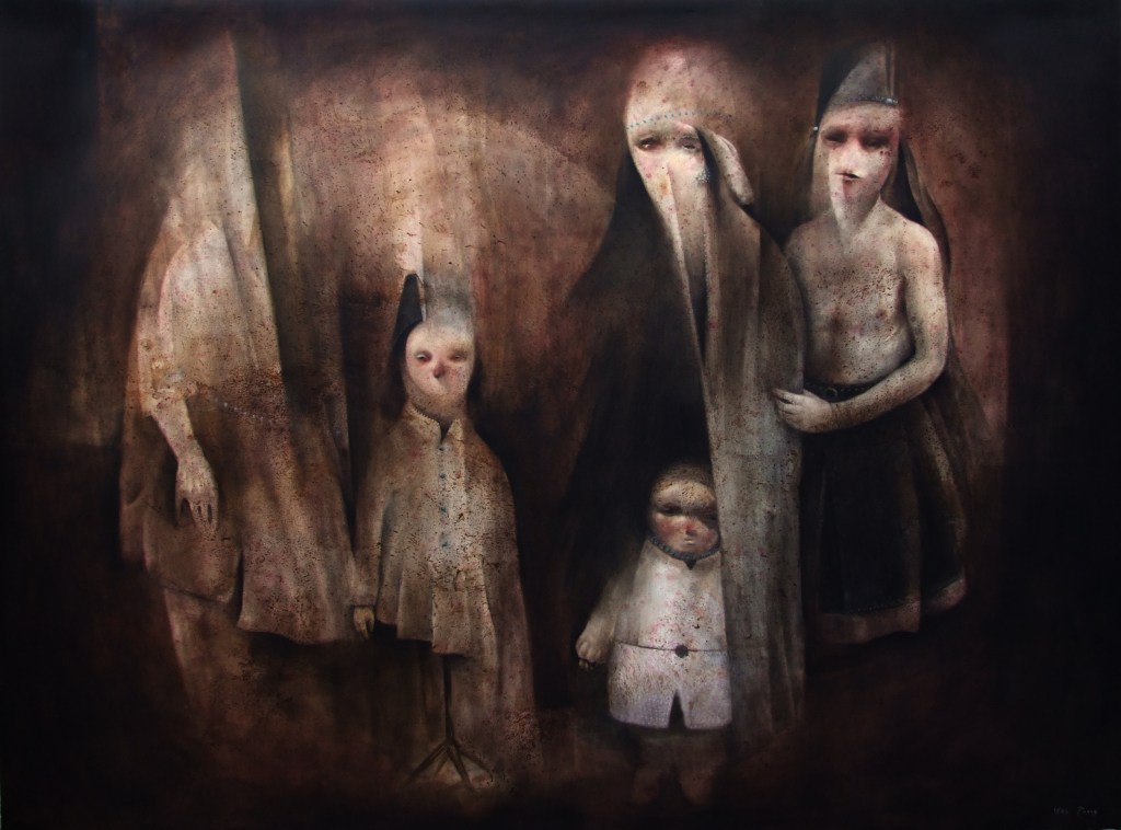 A painting by Vahid Chamani in which some of the figures and faces are shown “with two different sides” to convey their inner distress. “Some eyes are blind and some show disappointment with traces of scars they have on their hearts and souls, few have hopes."